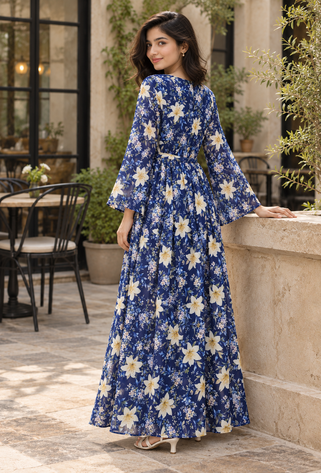 Midnight Lily Navy Floral Maxi Dress with Waist Tie