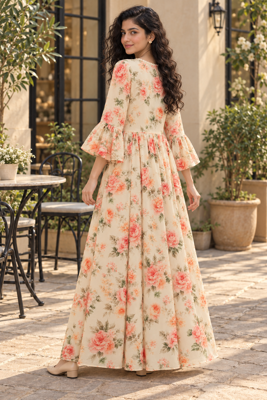 Ivory Rosette Floral Print Ready-to-Wear Maxi Dress
