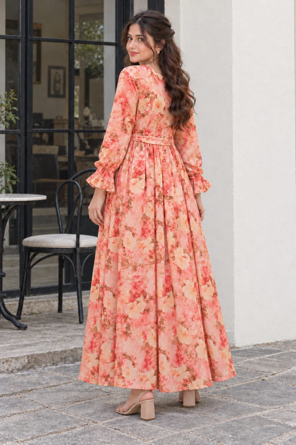 Peach Reverie Floral Maxi Dress with Waist Tie