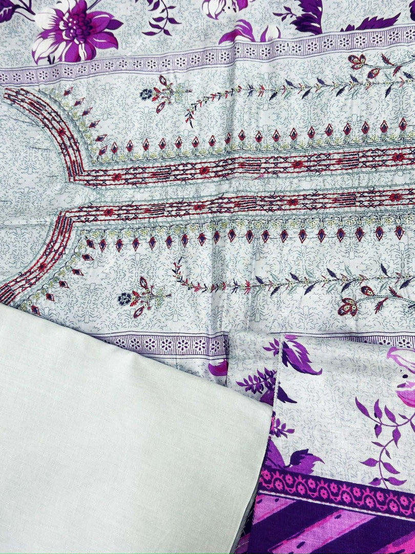 Elegant Floral Embroidered Fabric with Purple Accents