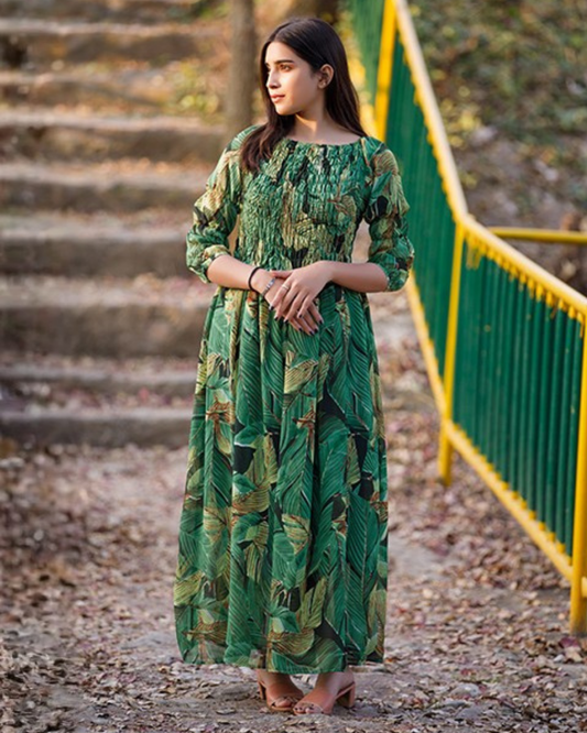 Emerald Canopy Green Botanical Chiffon Maxi Dress