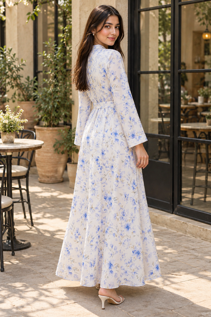 Bluebell Whisper Ivory Floral Maxi Dress with Waist Tie
