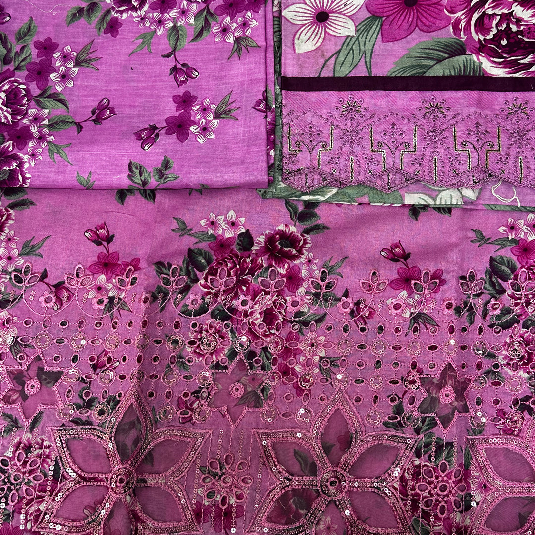 Soft Purple Floral Embroidered Fabric with Sequin Accents
