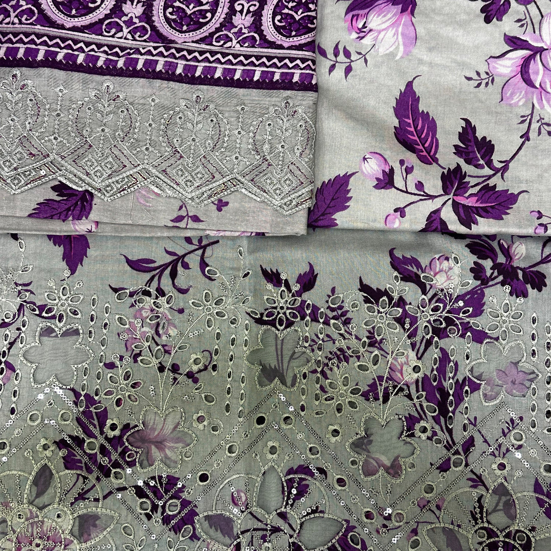 Grey & Purple Floral Embroidered Fabric with Sequin Detailing