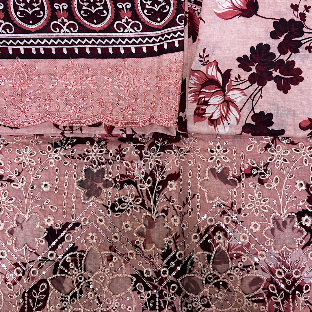 Dusty Rose Floral Embroidered Fabric with Sequin Detailing