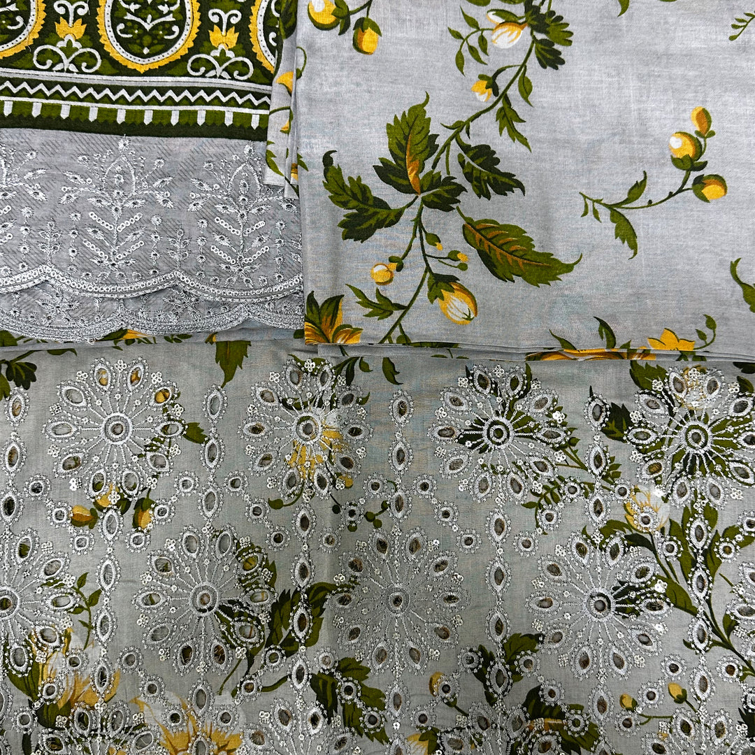 Grey Floral Printed Lawn Suit with Heavy Schiffli Embroidered Border