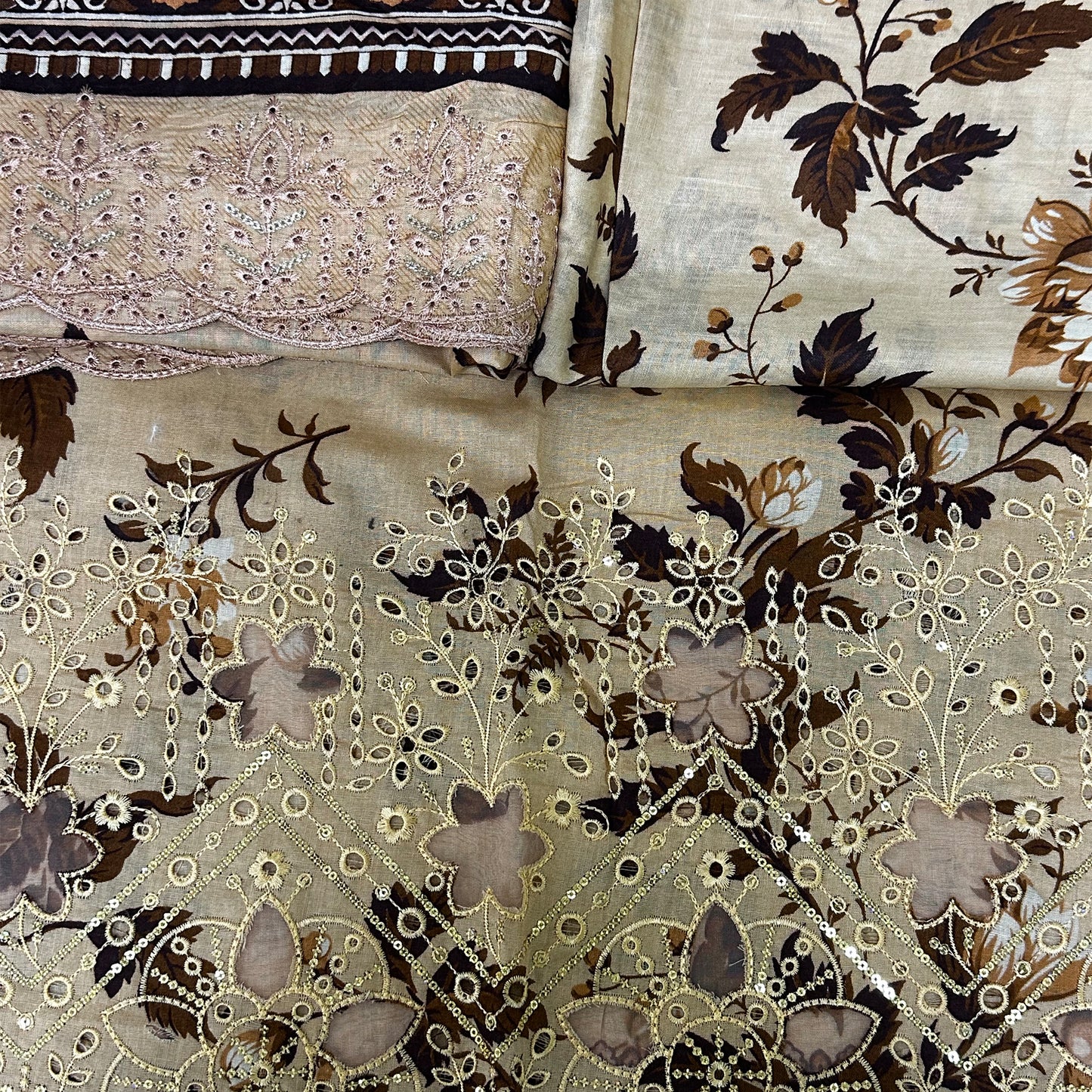 Beige & Brown Floral Embroidered Fabric with Sequin Detailing