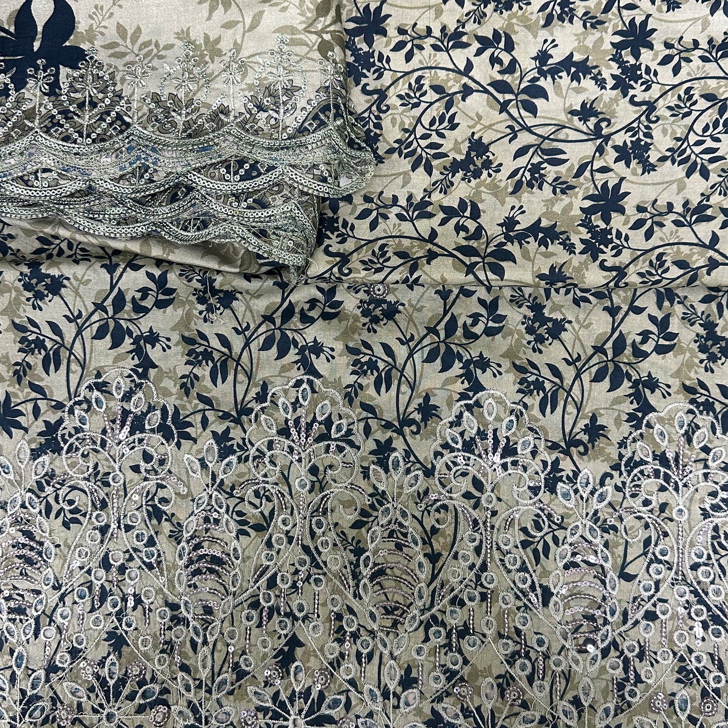 Beige & Navy Floral Printed Lawn Suit