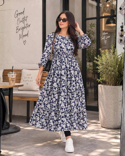 Indigo Grove Botanical Print Chiffon Maxi Dress