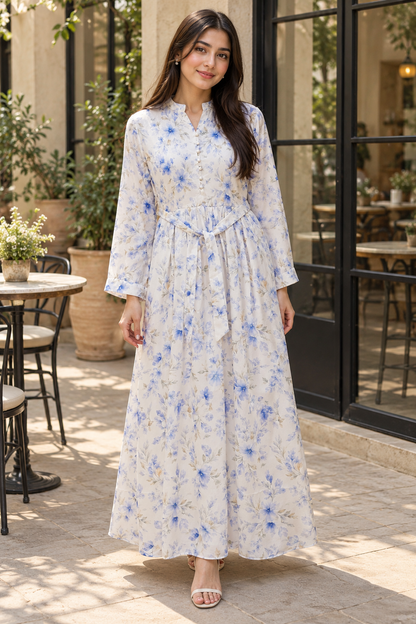 Bluebell Whisper Ivory Floral Maxi Dress with Waist Tie