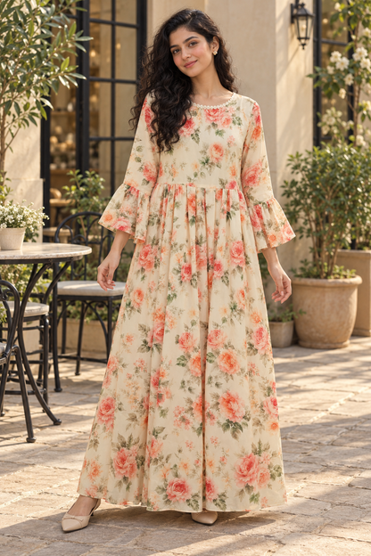 Ivory Rosette Floral Print Ready-to-Wear Maxi Dress