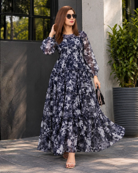 Midnight Bloom Floral Chiffon Tiered Maxi Dress