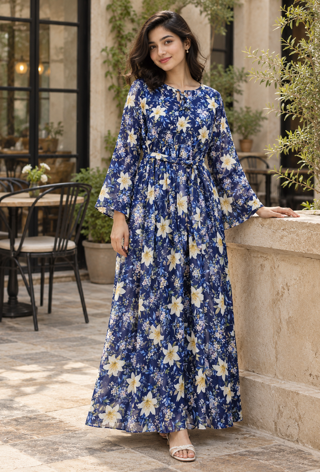 Midnight Lily Navy Floral Maxi Dress with Waist Tie