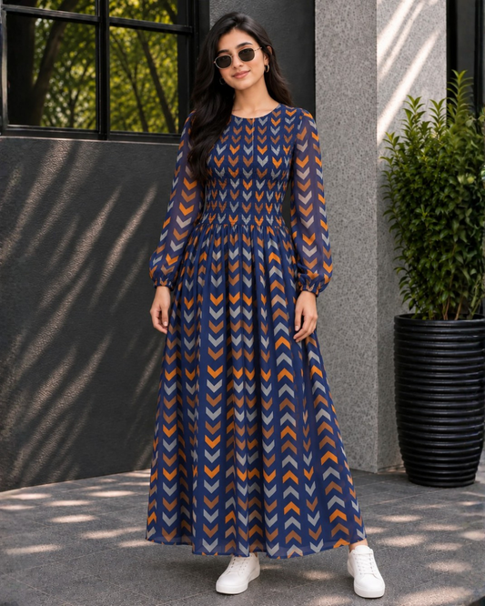 Mocha Mosaic Geometric Print Chiffon Maxi Dress