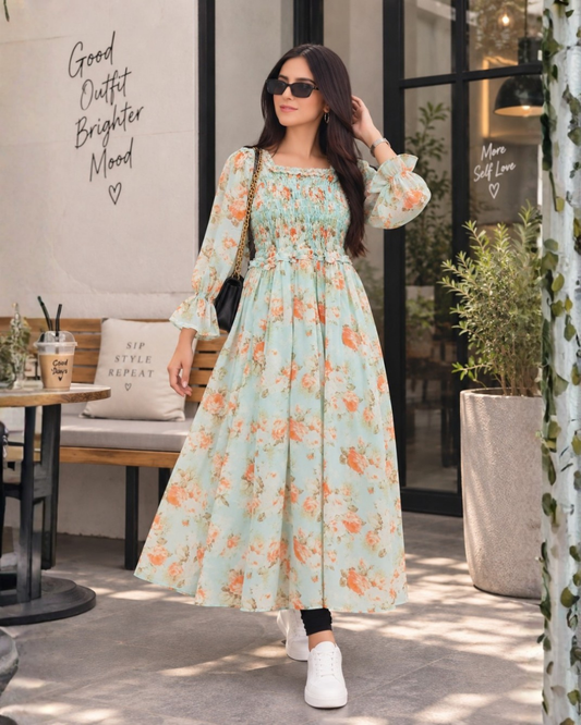 Peach Mist Floral Chiffon Maxi Dress with Attached Inner