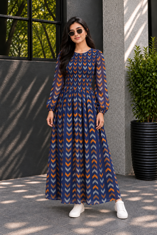 Mocha Mosaic Geometric Print Chiffon Maxi Dress