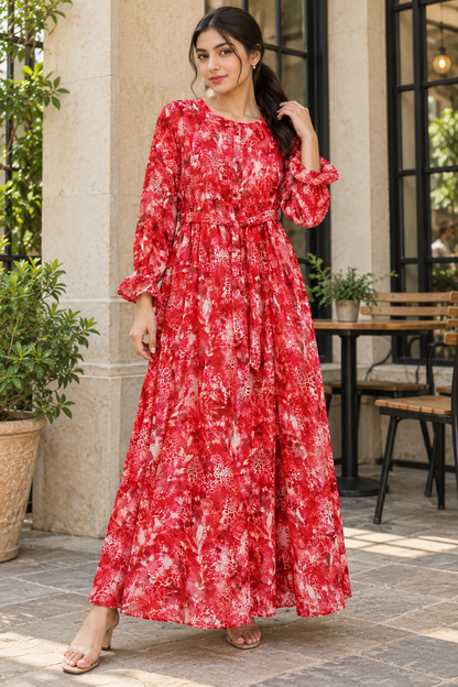 Ruby Mirage Red Printed Ready-to-Wear Maxi Dress