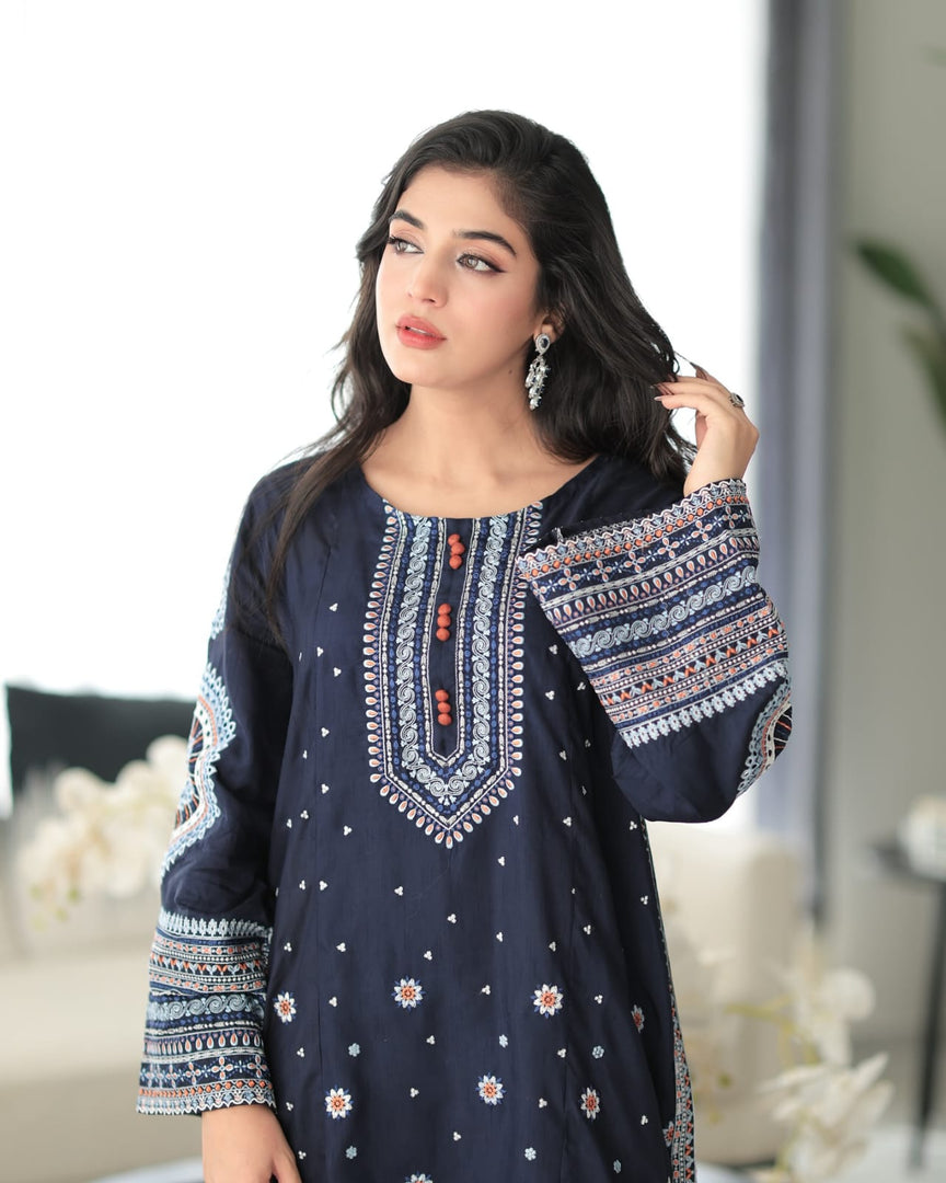 Noor Navy Cotton Embroidered Kurta