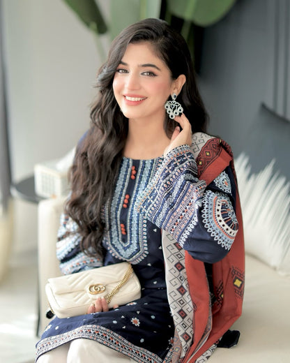 Noor Navy Cotton Embroidered Kurta
