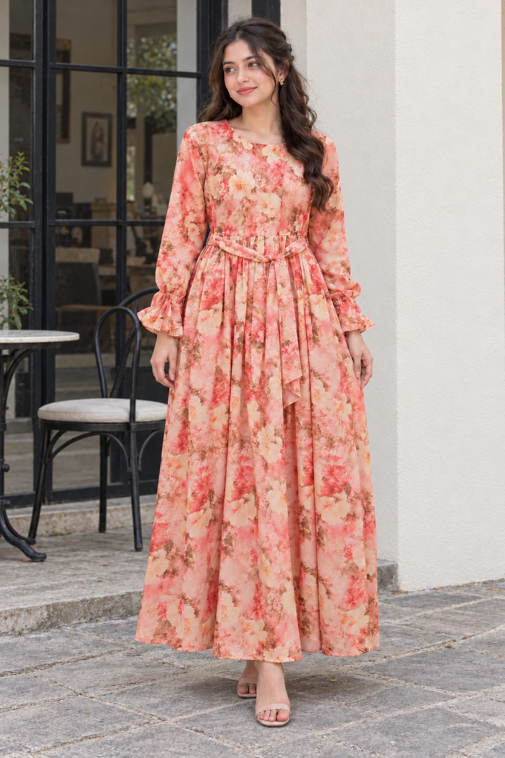 Peach Reverie Floral Maxi Dress with Waist Tie