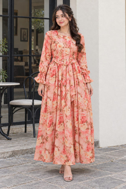 Peach Reverie Floral Maxi Dress with Waist Tie