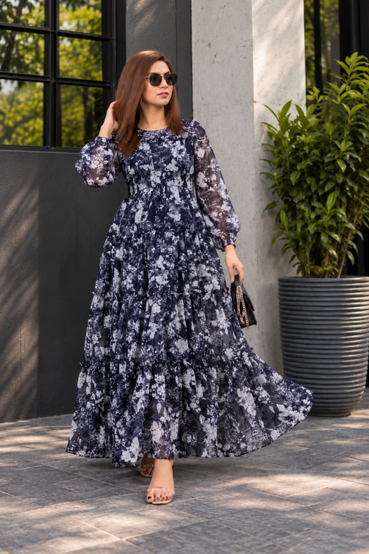 Midnight Bloom Floral Chiffon Tiered Maxi Dress