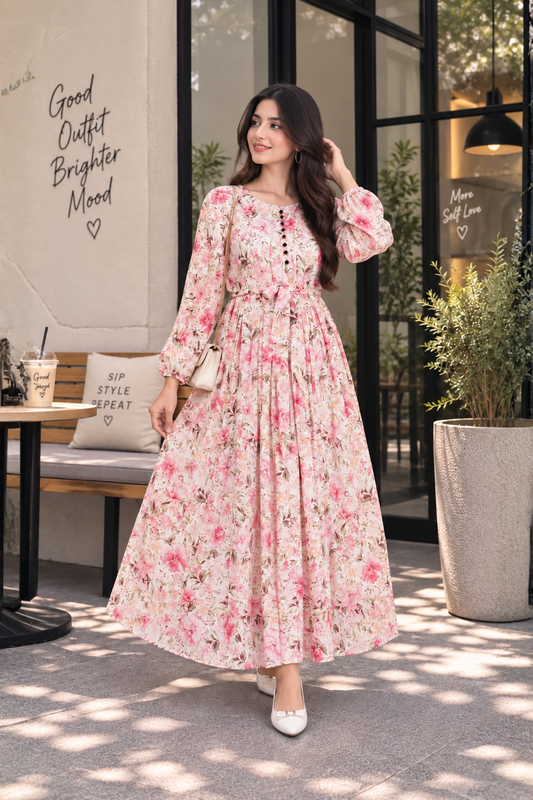 Blush Serenade Pink Floral Chiffon Maxi Dress